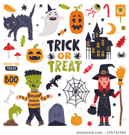 Halloween Trick or Treat Night Party Object and Elements Vector Set 105742498