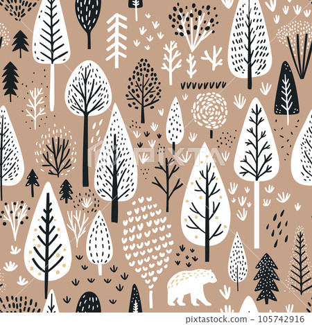 Winter woodland pattern, seamless christmas forest background on kraft paper. Handicraft gift wrapping paper, organic natural scandinavian holidays background 105742916