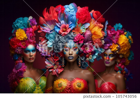 Beautiful stylish women in bright colourful carnival party costume on dark background. Generative AI 105743056