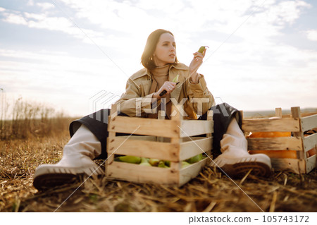 Beautiful woman taking pictures in the autumn field. Autumn harvest. Beautiful woman taking pictures in the autumn field. Autumn harvest. 105743172