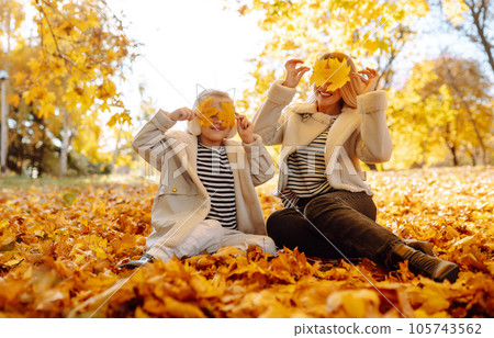 Happy mother and daughter have fun in autumn park at sunset. Family on walk. Childhood, walks, rest. Happy mother and daughter have fun in autumn park at sunset. Family on walk. Childhood, walks, rest. 105743562