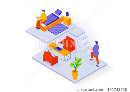 Home interior concept in 3d isometric design. People in duplex apartment with small bedroom and workspace with laptop table and armchairs. Vector illustration with isometry scene for web graphic 105743598