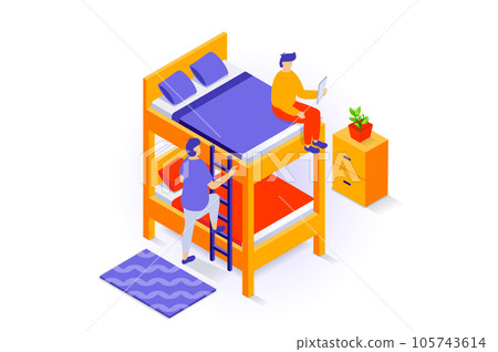 Home interior concept in 3d isometric design. People preparing to sleep in bedroom with bunk bed with ladder, blanket and pillows, nightstand. Vector illustration with isometry scene for web graphic 105743614