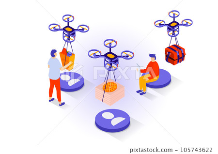 Food delivery concept in 3d isometric design. People ordering products bags and pizza from restaurant and receiving parcels from flying drones. Vector illustration with isometry scene for web graphic 105743622