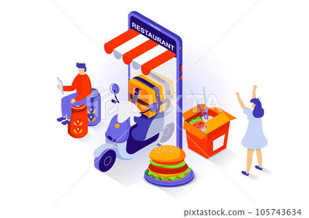 Food delivery concept in 3d isometric design. People order hamburgers and wok noodles with courier fast shipping using mobile application. Vector illustration with isometry scene for web graphic 105743634