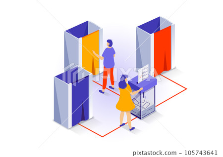 Election and voting concept in 3d isometric design. People go at polling stations and vote in booths and putting list with checkmarks in box. Vector illustration with isometry scene for web graphic Election and voting concept in 3d isometric design. People go at polling stations and vote in booths and putting list with checkmarks in box. Vector illustration with isometry scene for web graphic 105743641