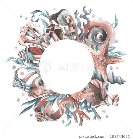 Seashells, starfishes, bubbles, algae and corals turquoise. Watercolor illustration hand drawn. Circle frame, wreath, template on a white background. Seashells, starfishes, bubbles, algae and corals turquoise. Watercolor illustration hand drawn. Circle frame, wreath, template on a white background. 105743655