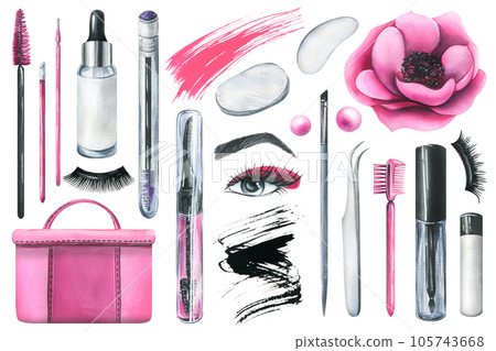 Pink cosmetics with anemone flowers and various decorative and skin care cosmetics. Watercolor illustration, hand drawn. Set of isolated elements on a white background. 105743668