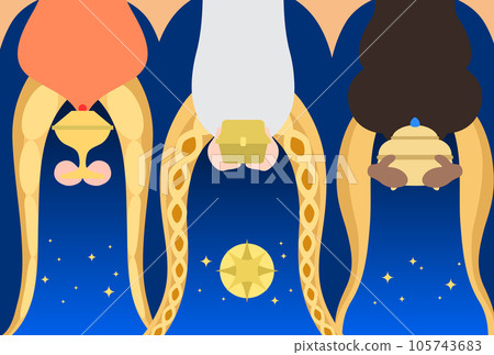Three wise men presenting gifts star of Bethlehem background 105743683