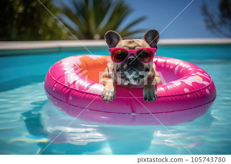 Cheerful happy dog with sunglasses swimming in the pool on an inflatable pink circle. Concept of fun holidays with animals. Generative AI 105743780