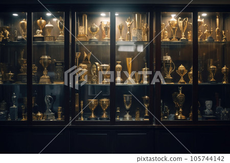 Trophy display case shelf made of glass and wood full of gold and silver trophies. Generative AI 105744142