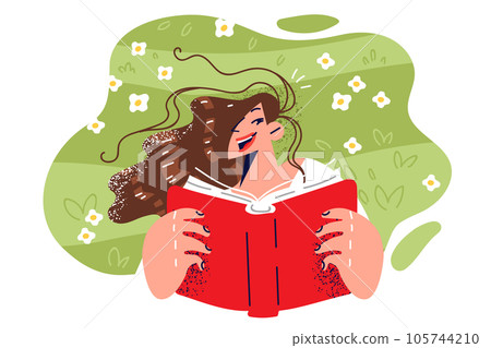 Woman lies on grass and reads book, rejoicing at opportunity to relax in summer park and relax 105744210