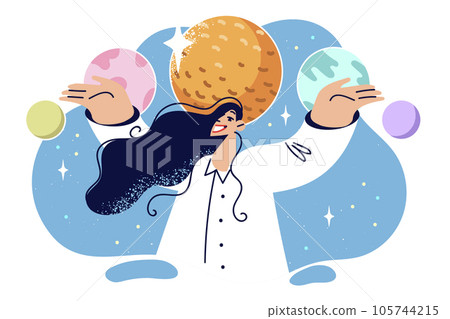 Woman amateur space and astronomy stands among planets and dreams of traveling around universe 105744215