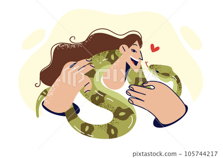 Woman with snake around neck smiles and looks at green python, rejoicing at presence of beloved pet Woman with snake around neck smiles and looks at green python, rejoicing at presence of beloved pet 105744217