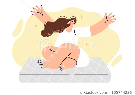 Woman sits on sleeping mattress for bed and joyfully raises hands enjoying comfort Woman sits on sleeping mattress for bed and joyfully raises hands enjoying comfort 105744226