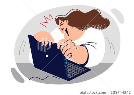 Woman using laptop sits at table and hides screen for fear of compromising confidential information 105744242