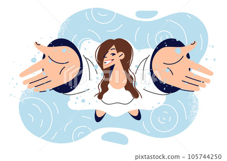 Woman rejoices in rain dripping from sky and raises hands up enjoying first autumn precipitation 105744250