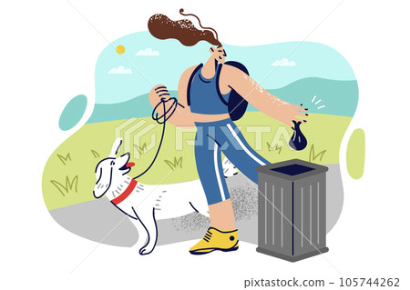 Woman walking dog throws pet poop into trash can, showing social responsibility and care for nature 105744262