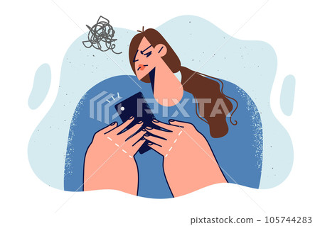 Embarrassed woman with phone in hands feels doubt after receiving suspicious SMS from scammers 105744283