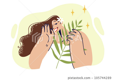 Woman with sprig of plant smiles, calling for use of organic cosmetics based on natural herbs Woman with sprig of plant smiles, calling for use of organic cosmetics based on natural herbs 105744289