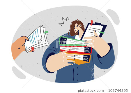 Overworked woman with folders and papers in hands feels burnt out and lacks productivity 105744295