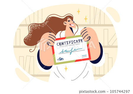 Woman demonstrates certificate received for excellent performance of professional tasks 105744297