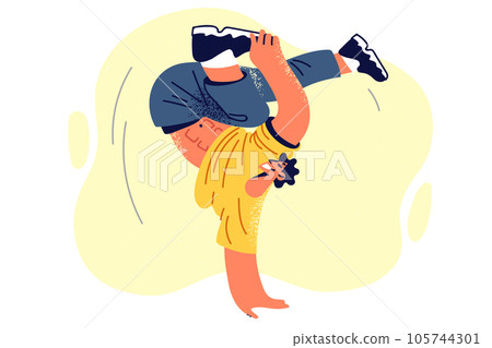 Man performs breakdancing and stands on one arm demonstrating classic tricks of dance subculture Man performs breakdancing and stands on one arm demonstrating classic tricks of dance subculture 105744301
