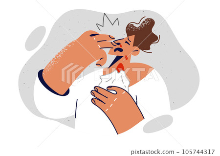 Man with nose bleed is holding towel and trying to solve high blood pressure problem 105744317