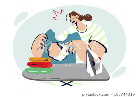 Housewife woman ironing clothes burned hole and gets upset without understanding cause mistake 105744319