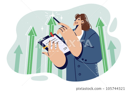 Business woman stands among up arrows symbolizing growth of company income and holds clipboard 105744321