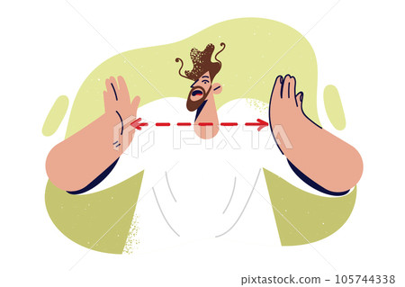Frightened man throws up hands showing size of problems causing stress and frustration 105744338