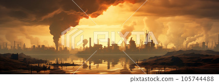 Panoramic view of factory emitting smoke, plant pipes pollute atmosphere Panoramic view of factory emitting smoke, plant pipes pollute atmosphere 105744488