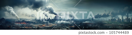 Panoramic view of factory emitting smoke, plant pipes pollute atmosphere 105744489