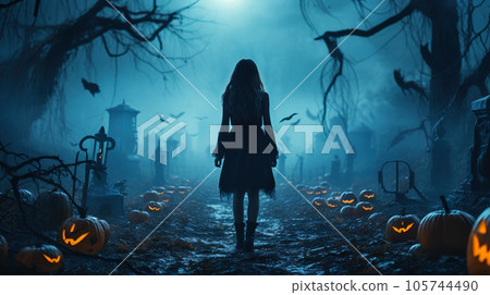 Adult girl walks alone in spooky mystic forest at Halloween night Adult girl walks alone in spooky mystic forest at Halloween night 105744490
