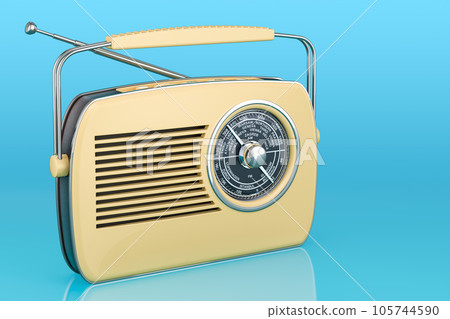 Vintage radio receiver on blue background, 3D rendering Vintage radio receiver on blue background, 3D rendering 105744590