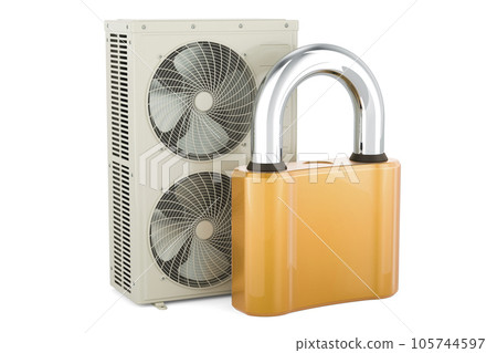 Outdoor Compressor Multi-Zone Unit, Air Conditioner with padlock, 3D rendering Outdoor Compressor Multi-Zone Unit, Air Conditioner with padlock, 3D rendering 105744597