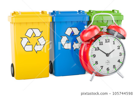 Colored recycling trash cans with alarm clock, 3D rendering Colored recycling trash cans with alarm clock, 3D rendering 105744598
