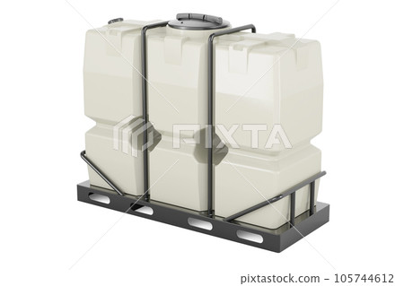White Rectangular Water Storage Tank with plastic skeleton and pallet, 3D rendering White Rectangular Water Storage Tank with plastic skeleton and pallet, 3D rendering 105744612