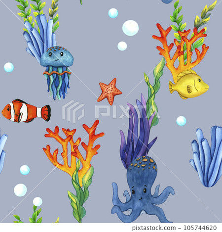 Watercolor seamless pattern jellyfish, yellow tang fish, clownfish and green blue seaweed and coral. Seabed ocean, underwater landscape background. Clip art undersea bottom for kids print 105744620