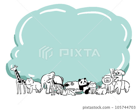 Illustration of a cloud-shaped frame of loose hand-drawn animals (monochromatic) 105744703