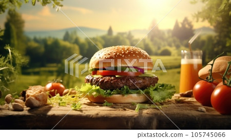 Beef burger on natural background 105745066