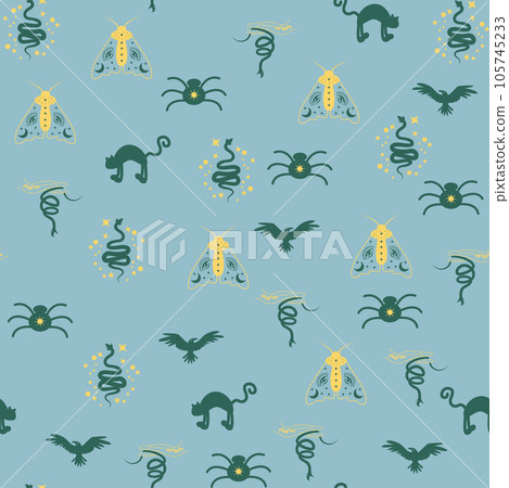Magic and heaven seamless pattern, with magical elements such as snake, eye, tarot cards, hand, skull, potion, moon, butterfly, mushrooms, stars. Symbols and elements of the witchcraft theme. Magic and heaven seamless pattern, with magical elements such as snake, eye, tarot cards, hand, skull, potion, moon, butterfly, mushrooms, stars. Symbols and elements of the witchcraft theme. 105745233