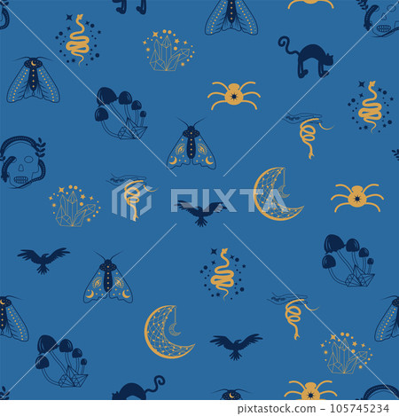 Magic and heaven seamless pattern, with magical elements such as snake, eye, tarot cards, hand, skull, potion, moon, butterfly, mushrooms, stars. Symbols and elements of the witchcraft theme. Magic and heaven seamless pattern, with magical elements such as snake, eye, tarot cards, hand, skull, potion, moon, butterfly, mushrooms, stars. Symbols and elements of the witchcraft theme. 105745234