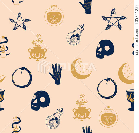 Magic and heaven seamless pattern, with magical elements such as snake, eye, tarot cards, hand, skull, potion, moon, butterfly, mushrooms, stars. Symbols and elements of the witchcraft theme. Magic and heaven seamless pattern, with magical elements such as snake, eye, tarot cards, hand, skull, potion, moon, butterfly, mushrooms, stars. Symbols and elements of the witchcraft theme. 105745235