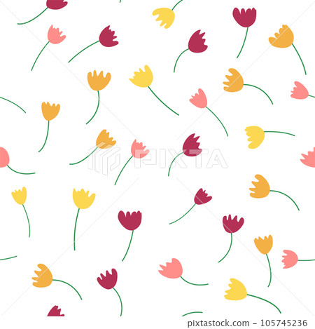 Seamless floral pattern with colorful tulip flowers, leaves and petals. Hand drawn spring flowers for fabric, prints, decoration, invitation cards. Retro from the 1970s Seamless floral pattern with colorful tulip flowers, leaves and petals. Hand drawn spring flowers for fabric, prints, decoration, invitation cards. Retro from the 1970s 105745236