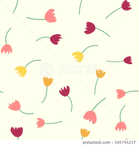 Seamless floral pattern with colorful tulip flowers, leaves and petals. Hand drawn spring flowers for fabric, prints, decoration, invitation cards. Retro from the 1970s Seamless floral pattern with colorful tulip flowers, leaves and petals. Hand drawn spring flowers for fabric, prints, decoration, invitation cards. Retro from the 1970s 105745237