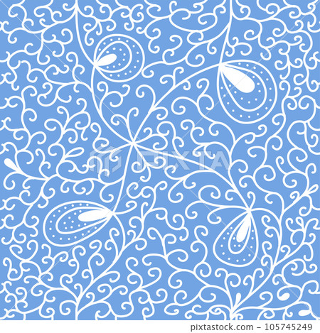 Frosty pattern. New Year seamless pattern. On a blue background, snowflakes and frosty patterns. Festive decor element 105745249