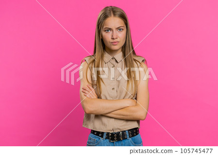 Offended sad young woman having frustrated after quarrel, fail, lose, ignores, does not want to talk 105745477