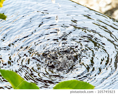 Background material Cool scenery of summer Refreshing water droplets that create ripples in a water bowl Background material Cool scenery of summer Refreshing water droplets that create ripples in a water bowl 105745923
