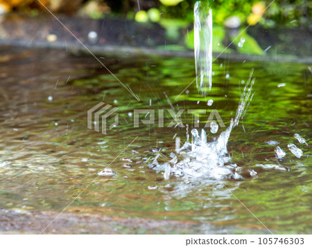 Background material Cool scenery of summer Refreshing water droplets that create ripples in a water bowl 105746303